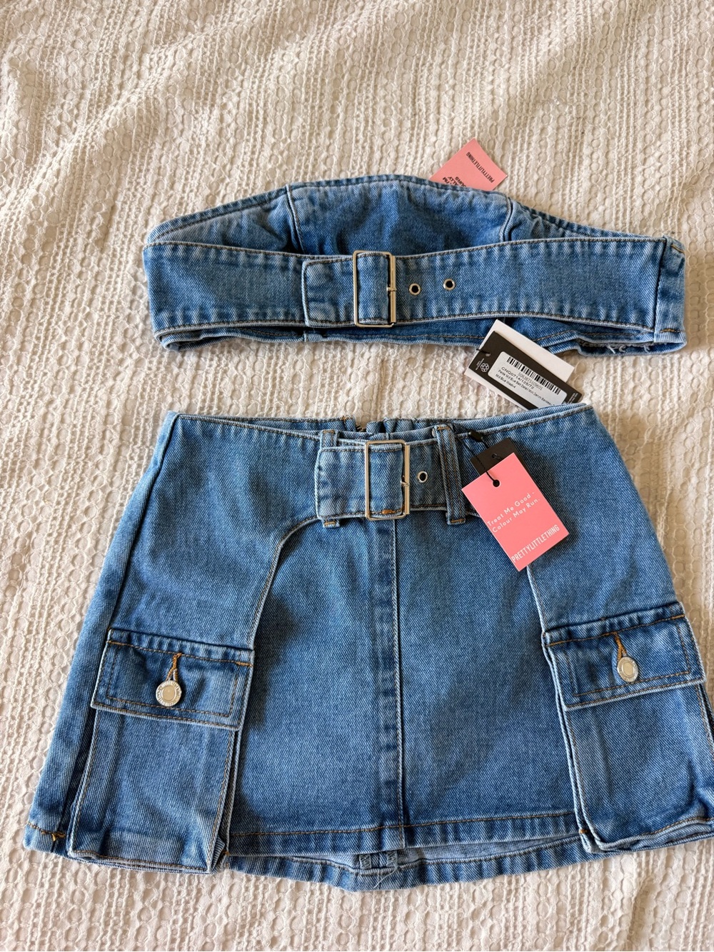 Denim Belted Skirt Set - Kids Blue